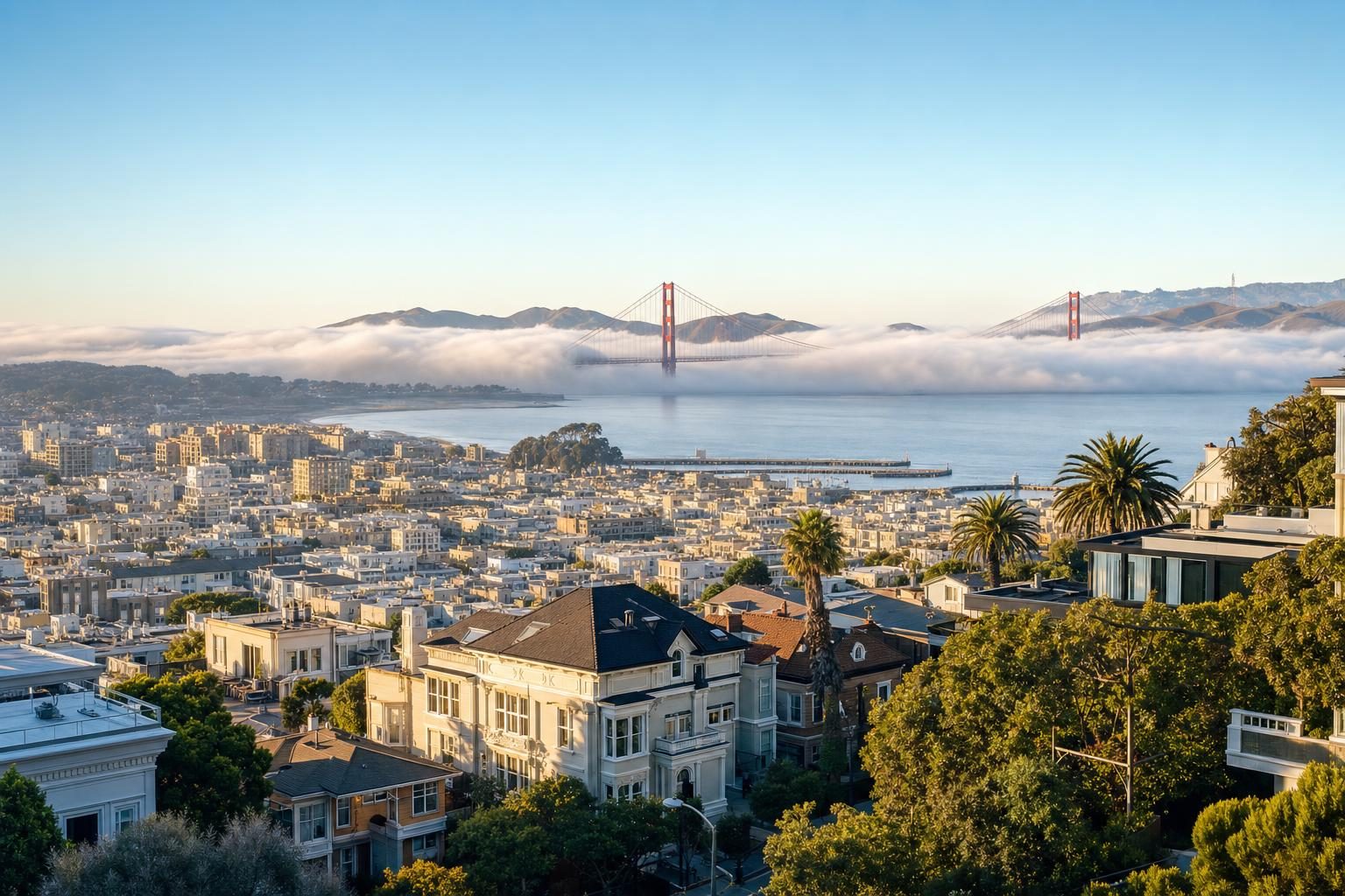 San Francisco rooftops in the morning, with fog wrapping the Golden Gate Bridge