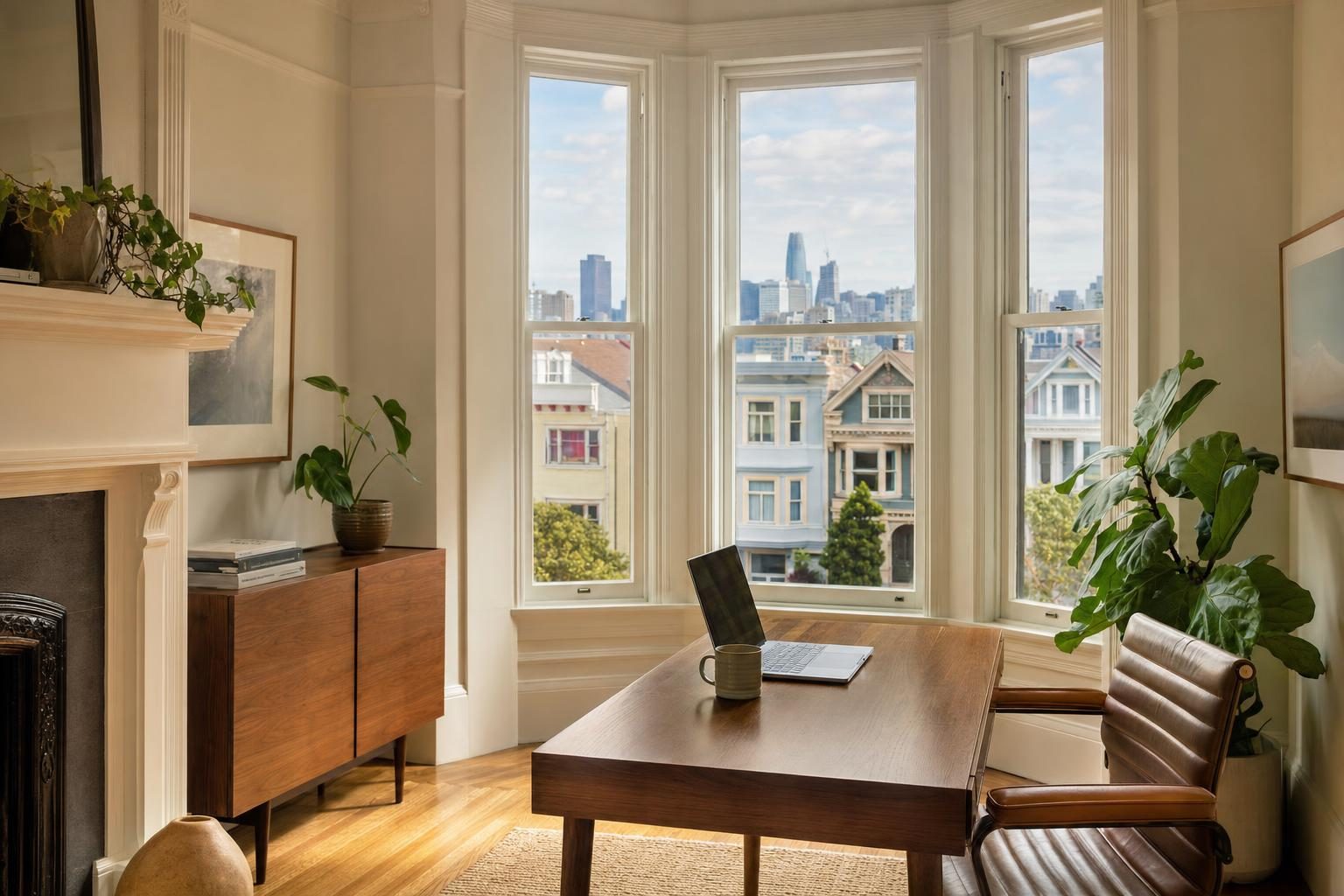 Home office in a San Francisco Edwardian with a bay window